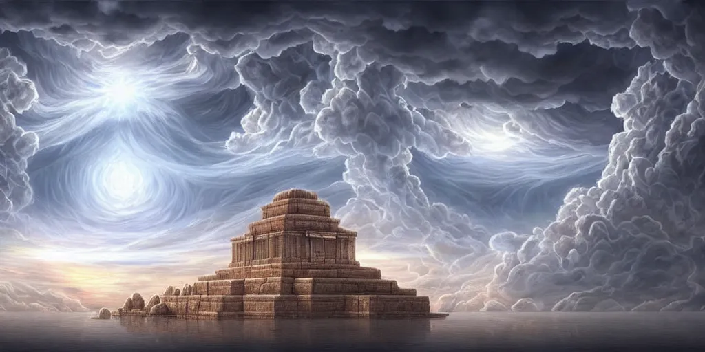 Image similar to hidden imagery floating temple in the sky incredible digital art optical illusion, superb detailed clouds shaped like the second temple in jerusalem, awe inspiring, masterpiece surrealism, digital art trending on artstation awesome award winning