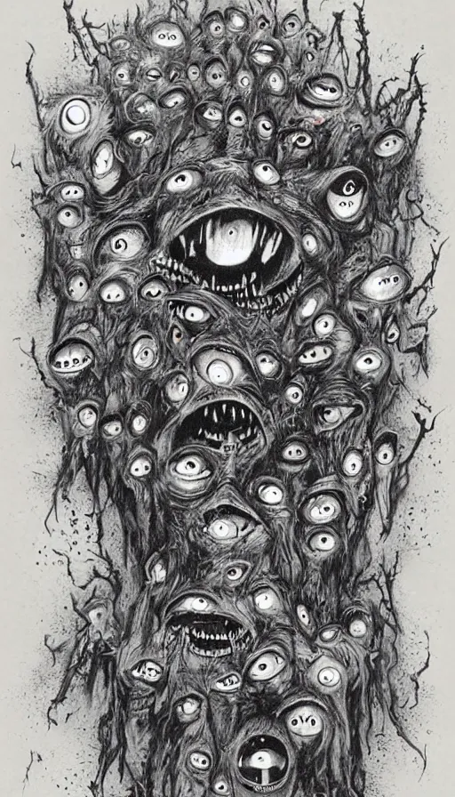 Image similar to a storm vortex made of many demonic eyes and teeth, by ed roth