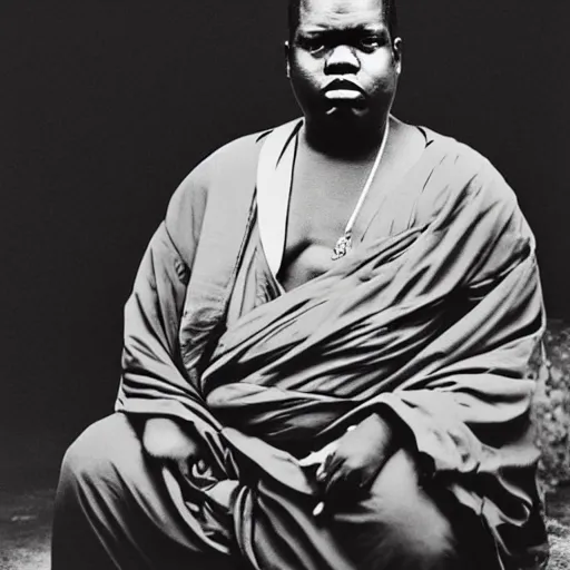 Image similar to in this detailed photography from Annie Leibovitz we can see the Notorious BIG, a buddhist monk who turned into the new Dalai Lama