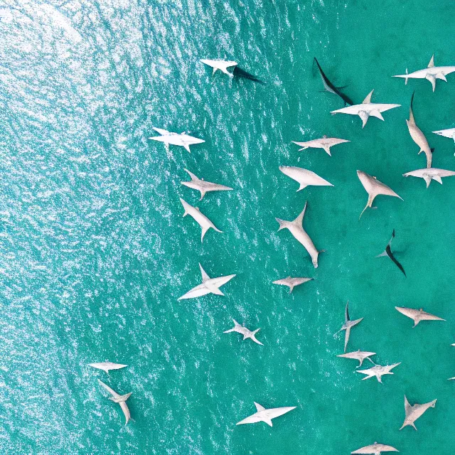 Image similar to looking down at thousands of hammerhead sharks, sharp focus, octane render