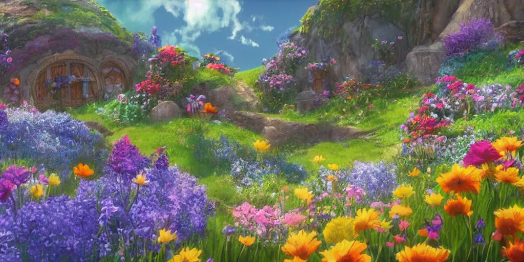 Image similar to a still of a background from howl's moving castle!!!!! of hobbiton, light bloom, flowers