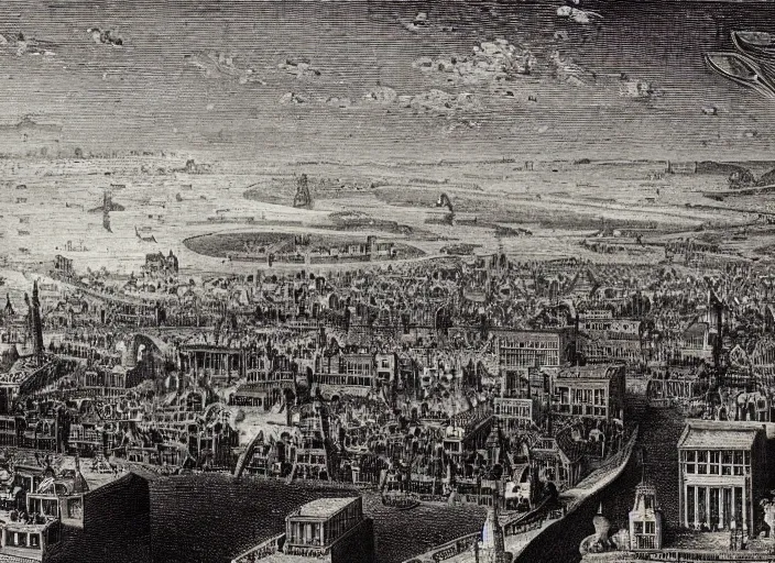 Image similar to detail from Hollar’s Panoramic view of a futuristic city, 1647