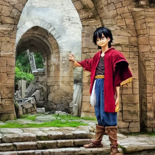 Image similar to luffy in the harry potter universe far away at some ruins from a castle. a wizard is already there and summons a portal that would take me back home, reallife