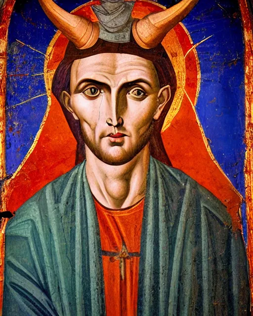 Image similar to byzantine fresco of demonic aloysius stepinac with bright orange eyes and demonic horns, sun ray, shaft of light, vivid colors, high production value, intricate details, high resolution, hyperrealistic, hdr, high definition, masterpiece, ultra realistic, highly detailed, hd, sharp focus, non blurry, sharp, smooth