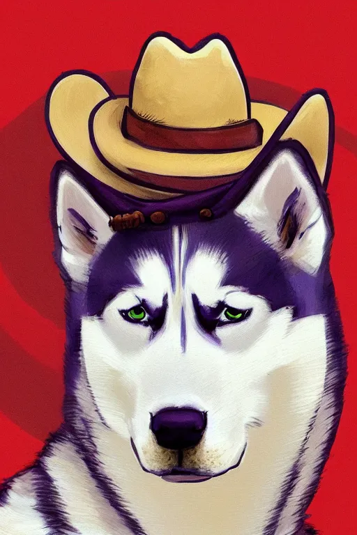 Image similar to a portrait painting of a husky in cowboy costume, wearing a cowboy hat, by studio ghibli, in the style of anime, [ red dead ], humanoid, personify, anthropomorphic, trending on artstation