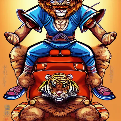 Image similar to anthropomorphic tiger warlord sit on his throne in the style of Akira Toriyama, digital art, detailed, stylized, full body portrait