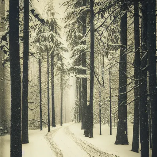 Image similar to atmospheric polaroid photograph of snowy forest growing on a city street