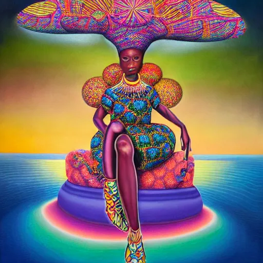 Image similar to a regal and elegant african queen with a colorful afro sitting in a cabana on top of an extremely large steampunk elephant near a pink lake with a large glowing baobab tree, by amanda sage and alex grey and evgeni gordiets in a surreal psychedelic style, oil on canvas 8k, hd