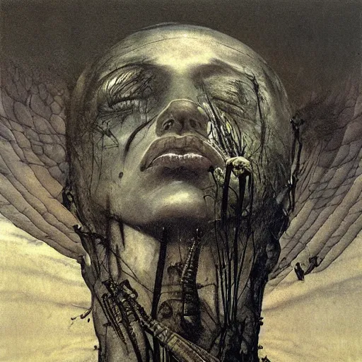 Image similar to ”the storm of god, releasing angels and bloodshed from above”, by h.r Giger, beksinski, and Caravaggio