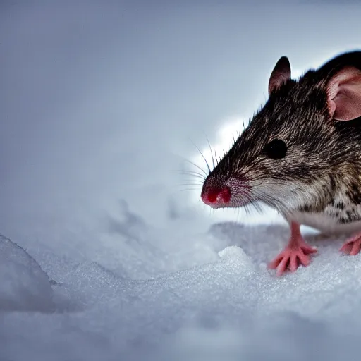 Image similar to mouse dino searching for food in the snow, macro shot, soft light of winter, award winning photo, national geographic,