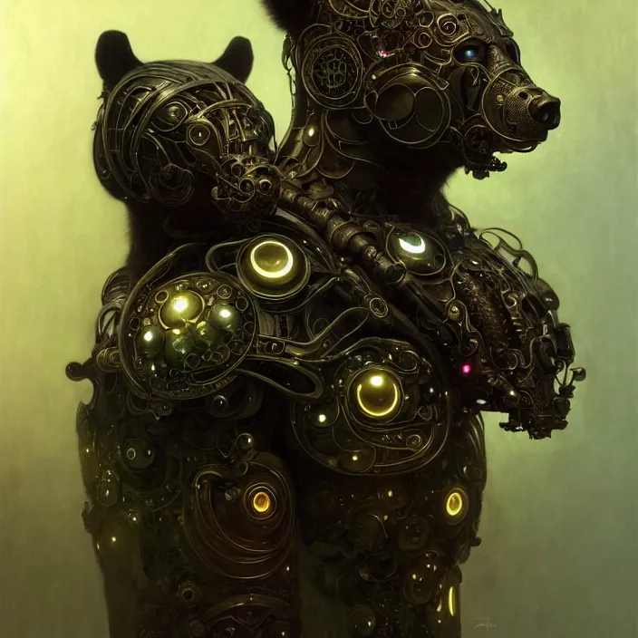 Image similar to organic cyborg, anthropomorphic asian black bear, diffuse lighting, fantasy, intricate, elegant, highly detailed, lifelike, photorealistic, digital painting, artstation, illustration, concept art, smooth, sharp focus, art by John Collier and Albert Aublet and Krenz Cushart and Artem Demura and Alphonse Mucha