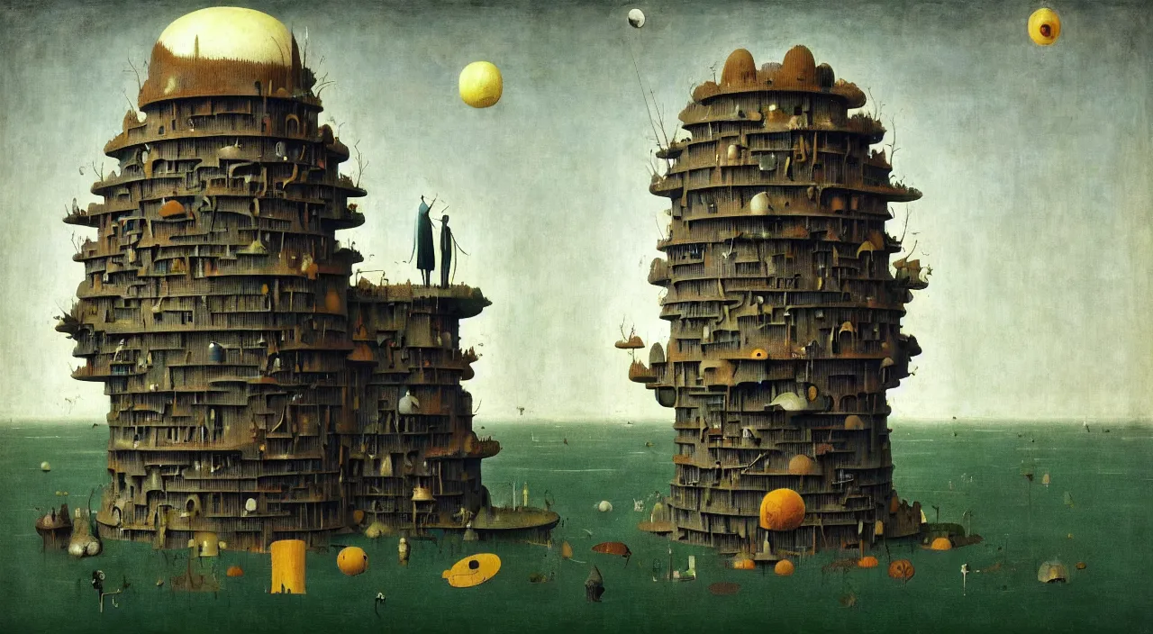 Image similar to single flooded simple!! hive tower anatomy, very coherent and colorful high contrast masterpiece by franz sedlacek hieronymus bosch dean ellis simon stalenhag rene magritte gediminas pranckevicius, dark shadows, sunny day, hard lighting