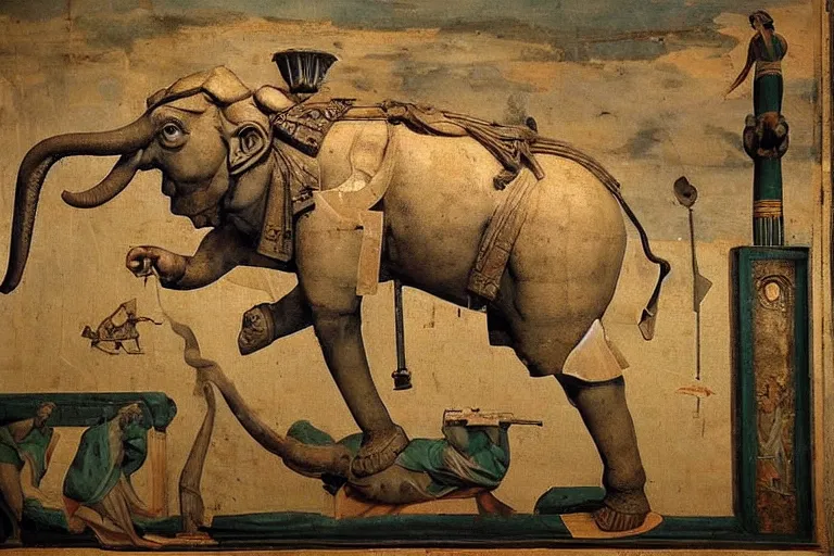 Image similar to “a Hellenistic painting of Lockheed Martin designed war elephants with missiles strapped to them, virtuoso, masterpiece, 8k, Michelangelo”