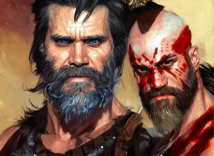 Prompt: a highly detailed beautiful portrait of jim carrey as kratos, by gregory manchess, james gurney, james jean