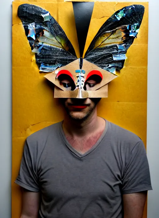 Image similar to a man with a moth mask, cardboard and scotch tape, chain, collage, acrylic on canvas, expressionism movement, breathtaking detailed, by blake neubert