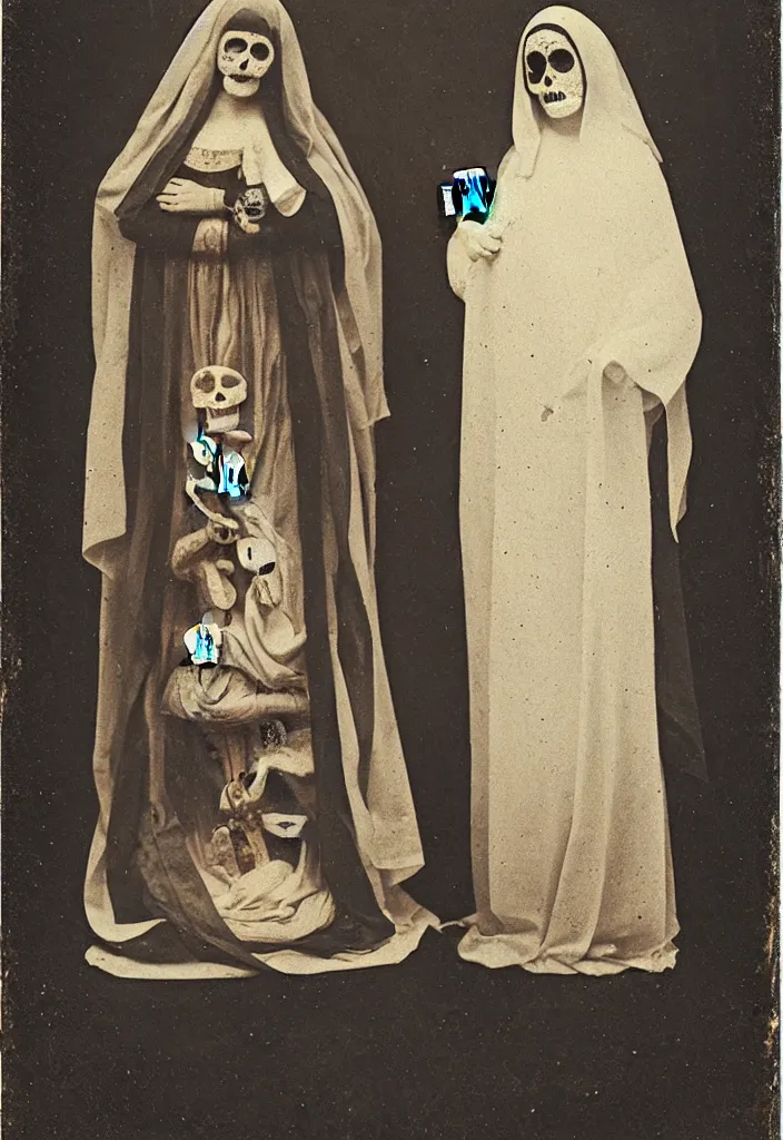 Image similar to daguerreotype, full body view, one woman, virgin mary, dia de muertos dress and make up