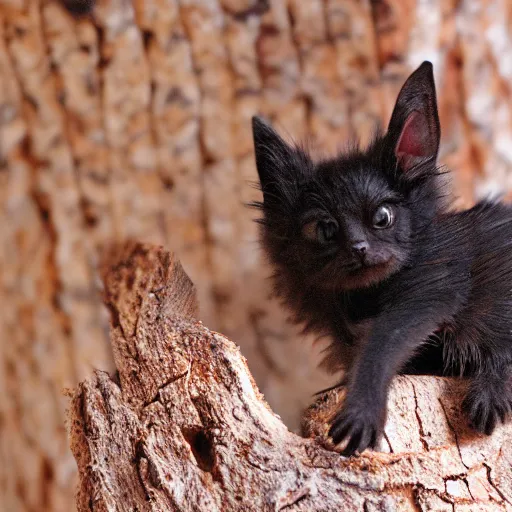 Image similar to a bat kitten, in a tree, wings folded, Nikon, telephhoto