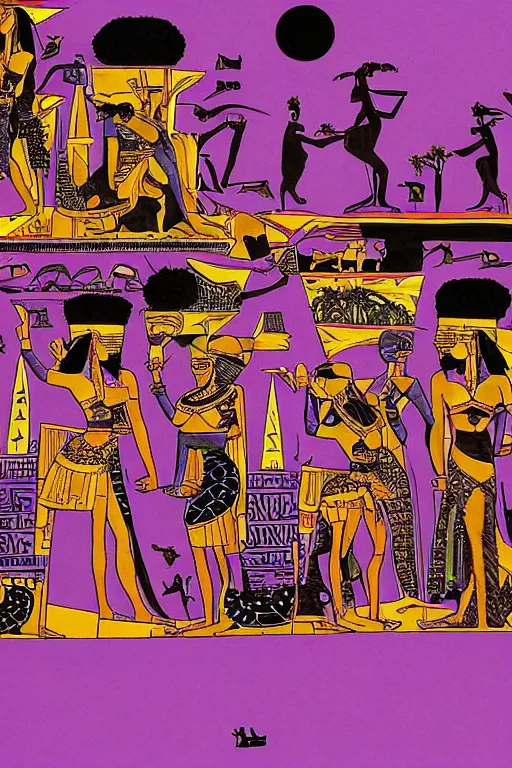 Image similar to A black Warrior Queen in purple surrounded by black panthers with Egyptian pyramids in the background