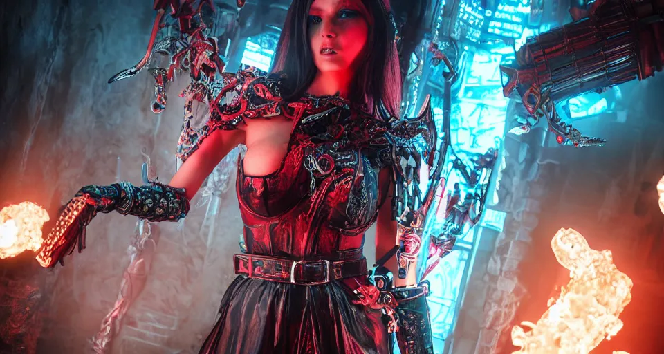 Image similar to Cosplay on hot scarlet female necromancer in cyberpunk-plate-armor, Ultra-HD, HCL, Volumetric Lighting, Screen Space Global Illumination, Opaque, Optics, Lumen Reflections, VFX, insanely detailed and intricate, hypermaximalist, elegant, ornate, hyper realistic, super detailed, full body,