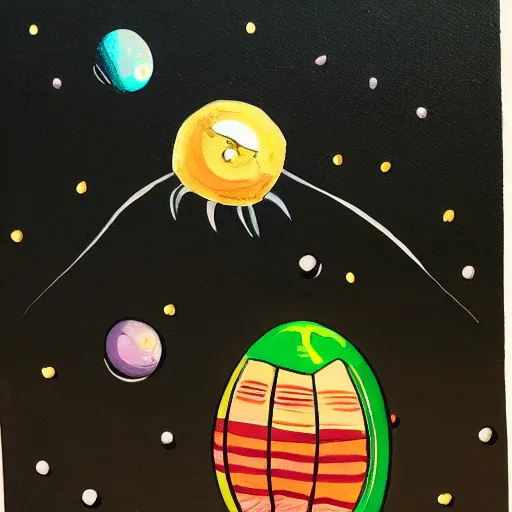 Image similar to painting of space ship in orbit around a planet, detailed, egg, colorful, shell, carapace, insect, bug, beatle, hollow knight