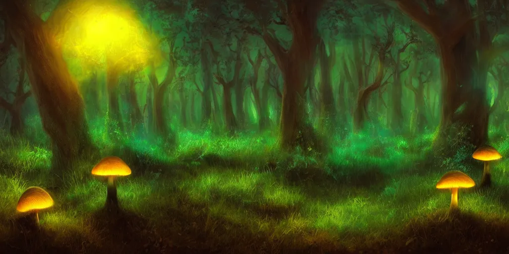 Prompt: cinematic artwork, beautiful fantasy bioluminescent mushroom forest at sunset, digital art, trending on artstation, 4k by greg rutowski, masterpiece