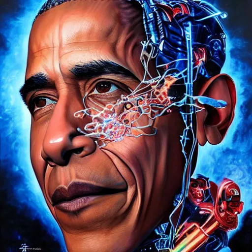 Prompt: UHD hyperrealistic photorealistic detailed image of Barrack Obama with sparking, busted, broken cybernetic implants by Ayami Kojima Amano Karol Bak, Greg Hildebrandt and Mark Brooks