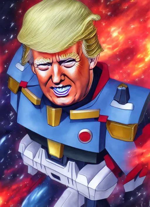 Prompt: donald trump as a gundam, cosmic horror painting, elegant intricate digital anime painting artstation concept art by tomino and mark brooks and brad kunkle detailed