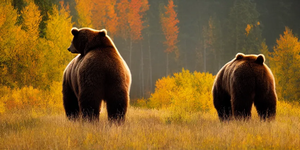 Image similar to back of bob ross riding on the back of brown bear in alaska at fall season, outdoor lighting, realistic, photo, national geographic photo, volumetric, fog