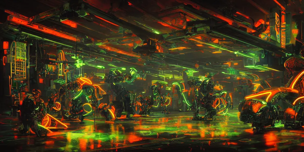 Prompt: futuristic neon lit scene of death of the money lenders, robot cyborgs, futuristic oil painting by rembrandt and jeff koonz, ( ( led panel screens and projections ) ), intricate details, ( ultra realistic ), dynamic lighting, black and orange colour palette, octane render