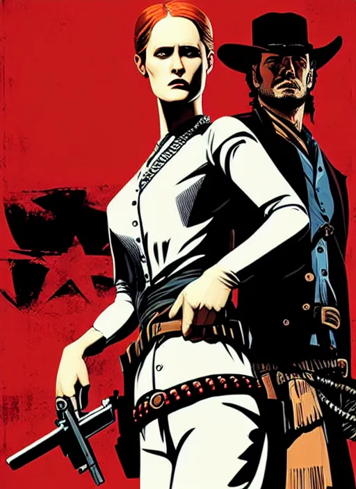 Prompt: a Red Dead Redemption poster of Evan Rachel Wood as Dolores, in the show Westworld, poster artwork by Michael Whelan and Tomer Hanuka, clean