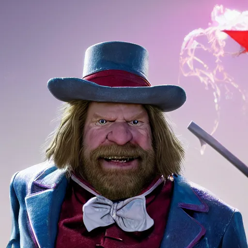 Image similar to portrait of hacksaw jim duggan as willy wonka in morrowind, fantasy, warcraft, warhammer, splash art, movie still, detailed face, photorealistic facial features, cinematic lighting, dramatic, octane render, long lens, shallow depth of field, bokeh, anamorphic lens flare, 8 k, hyper detailed, 3 5 mm film grain