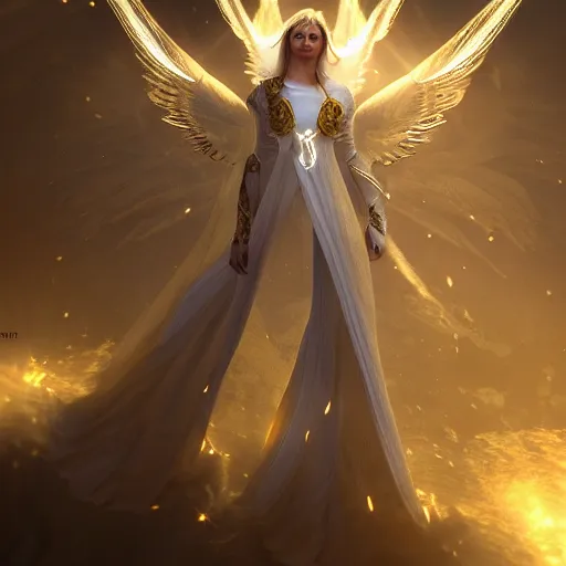 Image similar to Angel in white linen, golden armor, glowing sword in hand, translucent wings, concept character, beautiful, stunning, gold mist, radiating power, energy, god rays, luminescence, fractal, photography, unreal engine, 8k