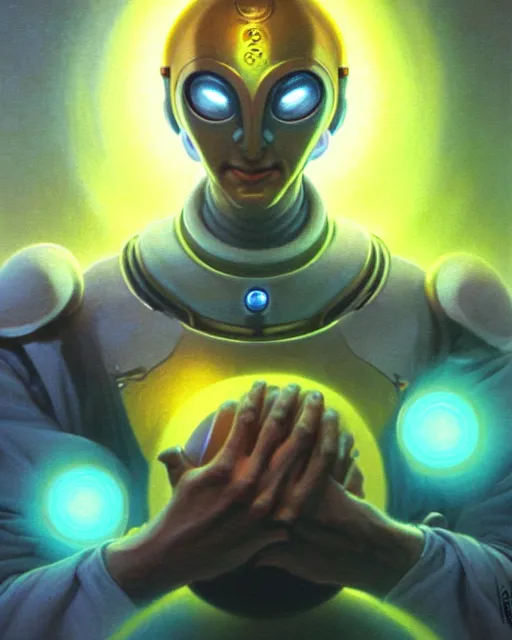 Prompt: zenyatta from overwatch, character portrait, portrait, close up, vintage fantasy art, vintage sci - fi art, radiant light, caustics, by boris vallejo