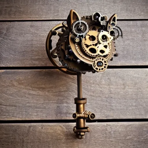 Image similar to steampunk mechanical cat head, bronze, gears, on a wooden table