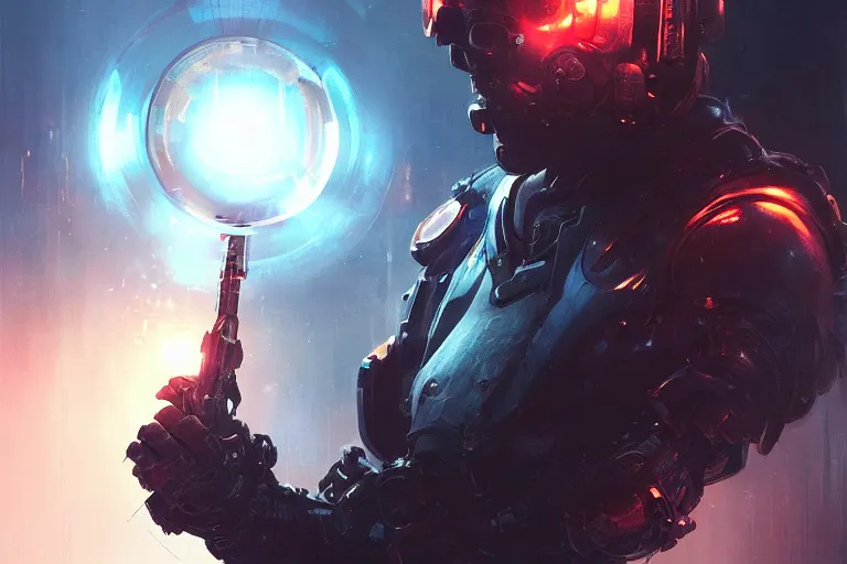 Prompt: portrait sci-fi art by Greg Rutkowski and Ruan Jia and artgerm, a glowing alien bubble floating above the hand of a soldier, futuristic environment, detailed and intricate environment, biomech, cyberpunk, neon color, chrome, dramatic lighting, cinematic, high technology, highly detailed portrait, digital painting, artstation, concept art, smooth, sharp focus, ilustration, Artstation HQ