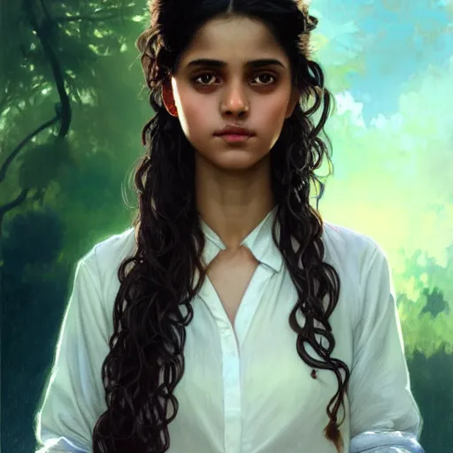 Prompt: portrait of a british teenage girl with wavy black hair, desi girl with dark brown skin, glowing skin, fantasy, intricate, elegant, dress shirt, school uniform, highly detailed, digital painting, artstation, concept art, smooth, sharp focus, illustration, art by Krenz Cushart and Artem Demura and alphonse mucha