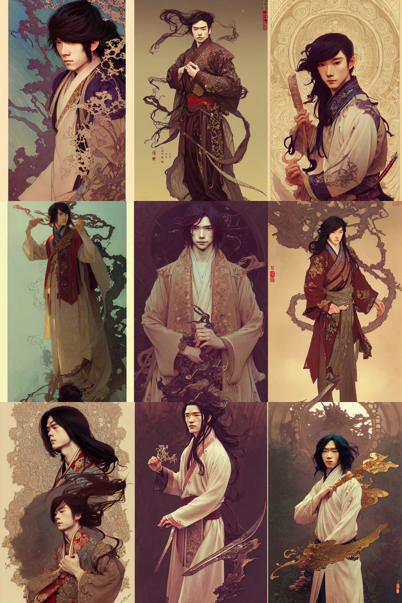 Prompt: young male, long hair, hanfu, fantasy, highly detailed, intricate, smooth, art by joseph leyendecker, peter mohrbacher, ruan jia, marc simonetti, ayami kojima, cedric peyravernay, alphonse mucha, victo ngai