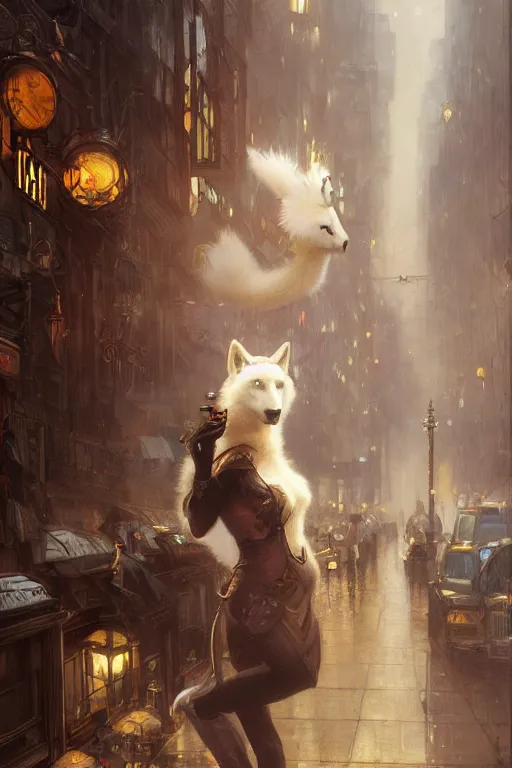 Image similar to beautiful portrait of an attractive white female anthro wolf smoking a cigarette in a bustling crowd of a rainy city street, steampunk, female fursona, 4 k, trending on artstation, by gaston bussiere, craig mullins, artgerm, greg rutkowski, alphonse mucha