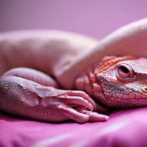 Image similar to pink lizard woman sleeping in a soft bed