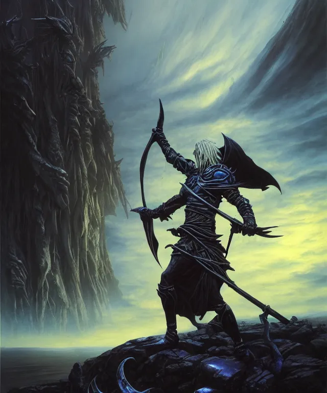 Image similar to elric of melnibone, artwork by michael whelan, full figure, action pose, dramatic lighting, cinematic, hyperrealistic, highly detailed, artstation, fantasy background setting including a city, weird - dreamlike landscape and dramatic sky