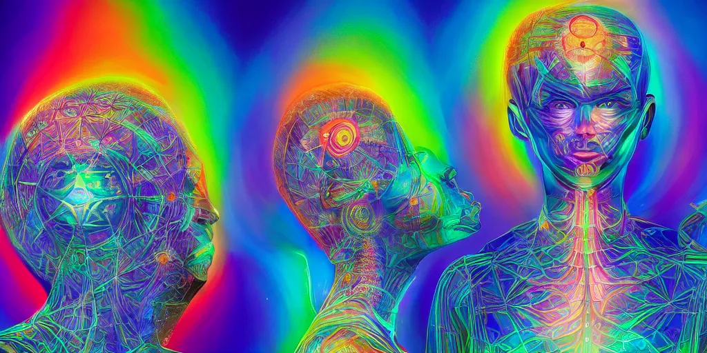 Image similar to transcendence into collaborative intelligence, endless collaboration with ai, connectedness, body, by alex grey, album cover, award winning, beautiful, colorful, volumetric lighting, trending on artstation, cinematic