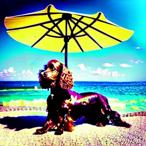 Image similar to cute brown spaniel by the seaside, parasols, bright towels, Coco Dávez style