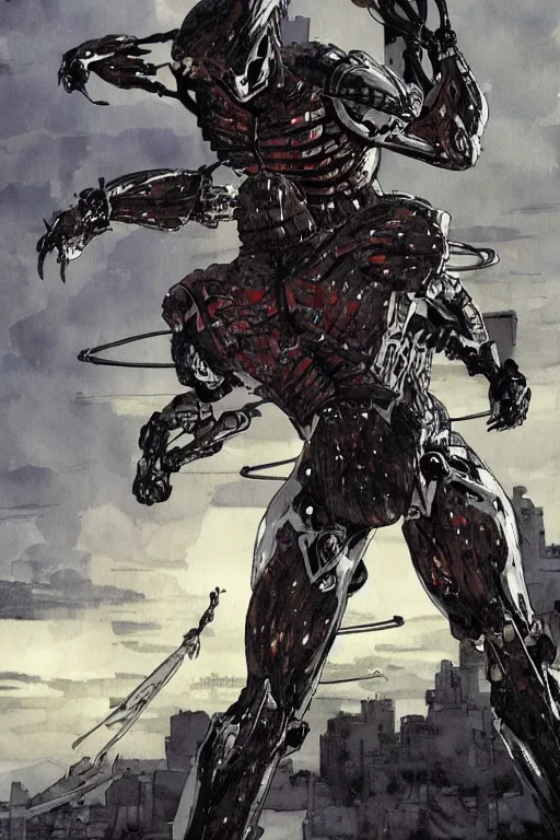 Prompt: cyborg warrior in nanosuit with powerful biological muscle augmentation, at dusk, a color illustration by tsutomu nihei and tetsuo hara