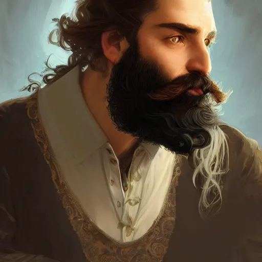 Image similar to portrait of a bearded male bard, D&D, fantasy, intricate, elegant, highly detailed, digital painting, artstation, concept art, smooth, sharp focus, illustration, art by artgerm and greg rutkowski and alphonse mucha