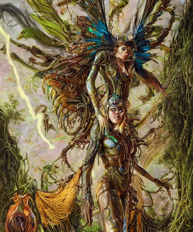 Prompt: a portrait photograph of artemis as a strong alien harpy queen with amphibian skin. she is dressed in a colorful slimy organic membrane catsuit and transforming into an bird with an armored exoskeleton. by donato giancola, walton ford, ernst haeckel, peter mohrbacher, hr giger. 8 k, cgsociety, fashion editorial