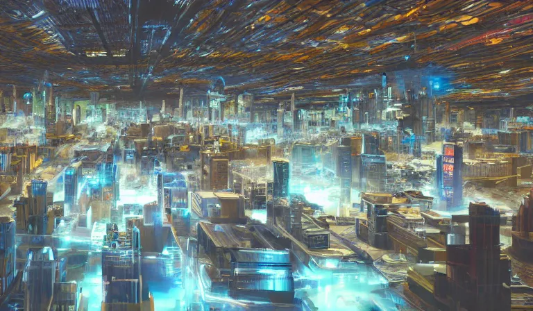 Image similar to large group people in a frame warehouse, looking at hologram of futuristic city on a table, cinematic concept art, godrays, golden hour, natural sunlight, 4 k, clear details, tabletop model buildings, center model buildings, hologram center, crane shot, crane shot, crane shot