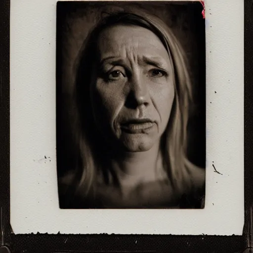 Prompt: portrait of woman. photo, surreal, harsh lighting. polaroid type 6 0 0. fear. unnerving. supernatural. horror. agonizing pain