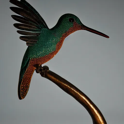 Prompt: intricate hummingbird carved from wet clay, bioluminescent, photograph, studio lighting