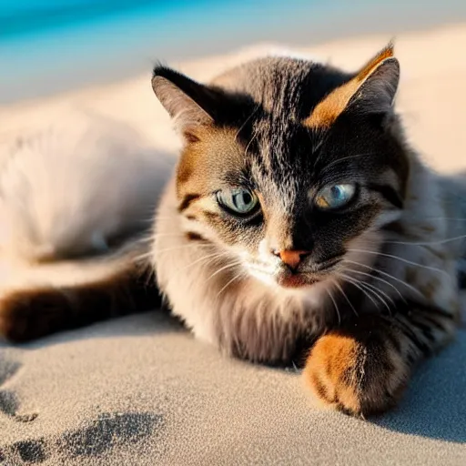 Image similar to realistic photo of a cute cat chilling out on the beach