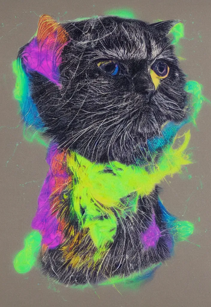 Prompt: cfa champion dark tortie scottish fold cat, stalkimg bird, data visualization perfect geometry bezier mathematical diagrams hologram overlay revealing sparrows flight trajectory calculation, detailed annotated painting, dark grisaille fluorescent color airbrush spraypaint accents, by jules julien, wes anderson, hannah af klint, black paper risograph 4 k